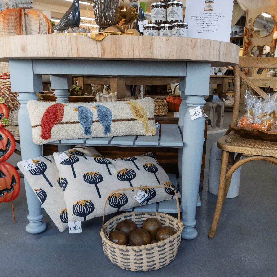 Pillows and Butcher Block table